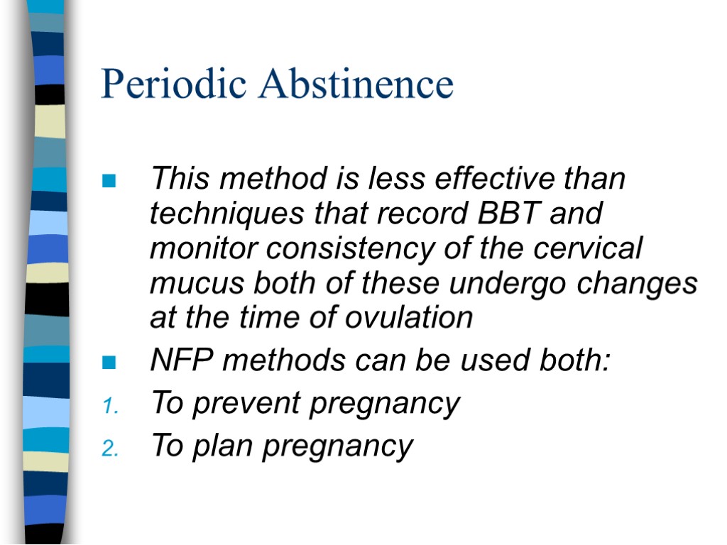 Periodic Abstinence This method is less effective than techniques that record BBT and monitor